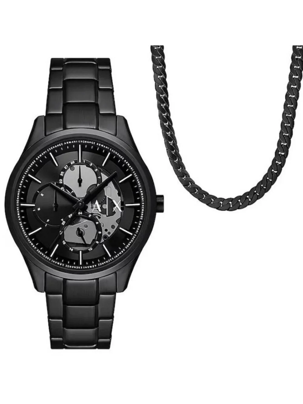 NWT Armani Exchange Quartz Black Dial Men's Watch and Chain Necklace Set